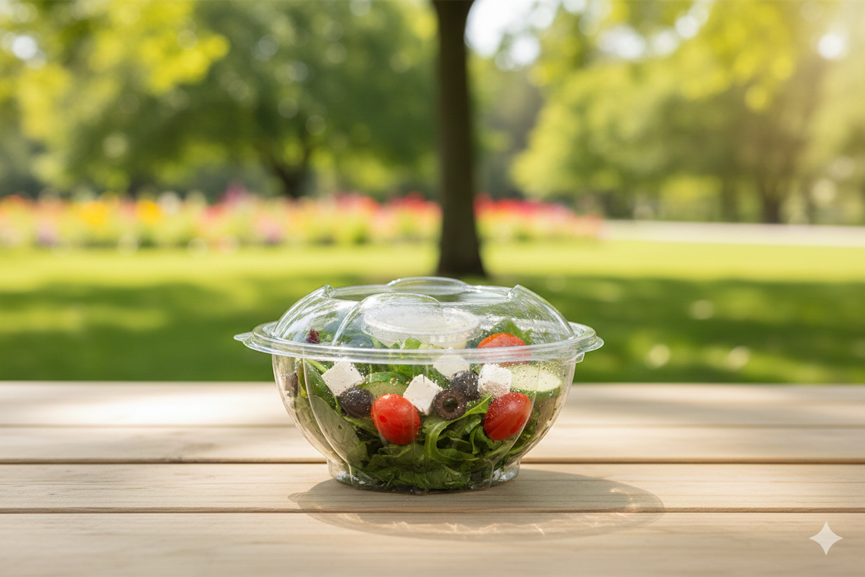 علب بلاستيك شفاف دائري مع غطاء متصل ARZ982)  600cc)
Plastic PET Round Salad Hinged Containers 600cc (ARZ982)