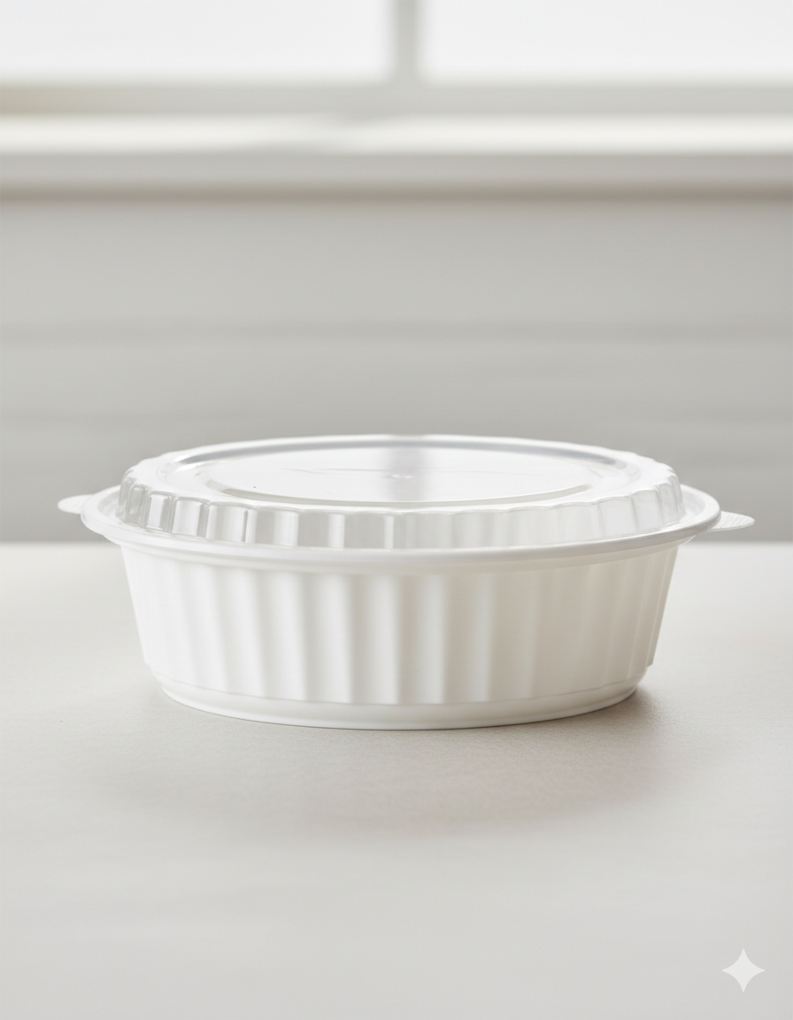علب بلاستيك مايكرويف دائرية بيضاء مع أغطية (16/24/32/40/48/64)
White PP Round Microwavable Containers with Lids 
