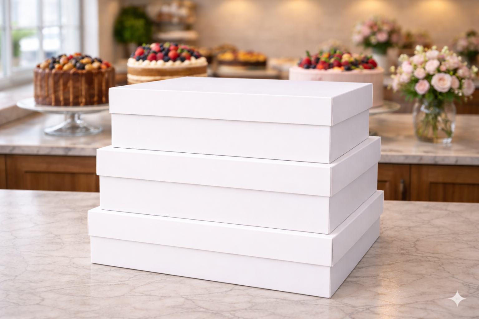 White Paper Cake Boxes 40*40*10 CM with Separate Lids - علب كرتون كيك ابيض 40*40*10 سم مع غطاء منفصل